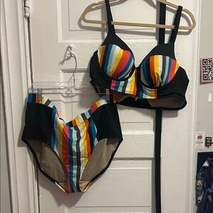 Cacique Black Multicolor Striped Bikini Set